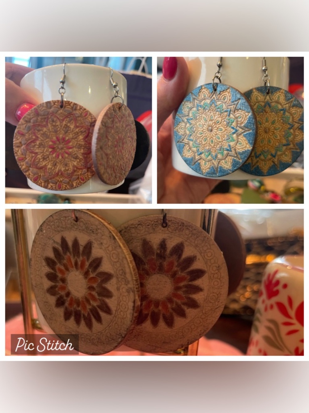3️⃣Pair Handcrafted Pink and Gold Floral Mandala Wood Drop Earrings